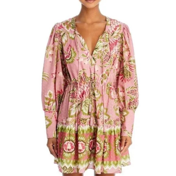 Farm Rio Aura Peasant Dress Women's Pink Floral Cotton Beaded Tassels Boho (S) - Picture 3 of 16